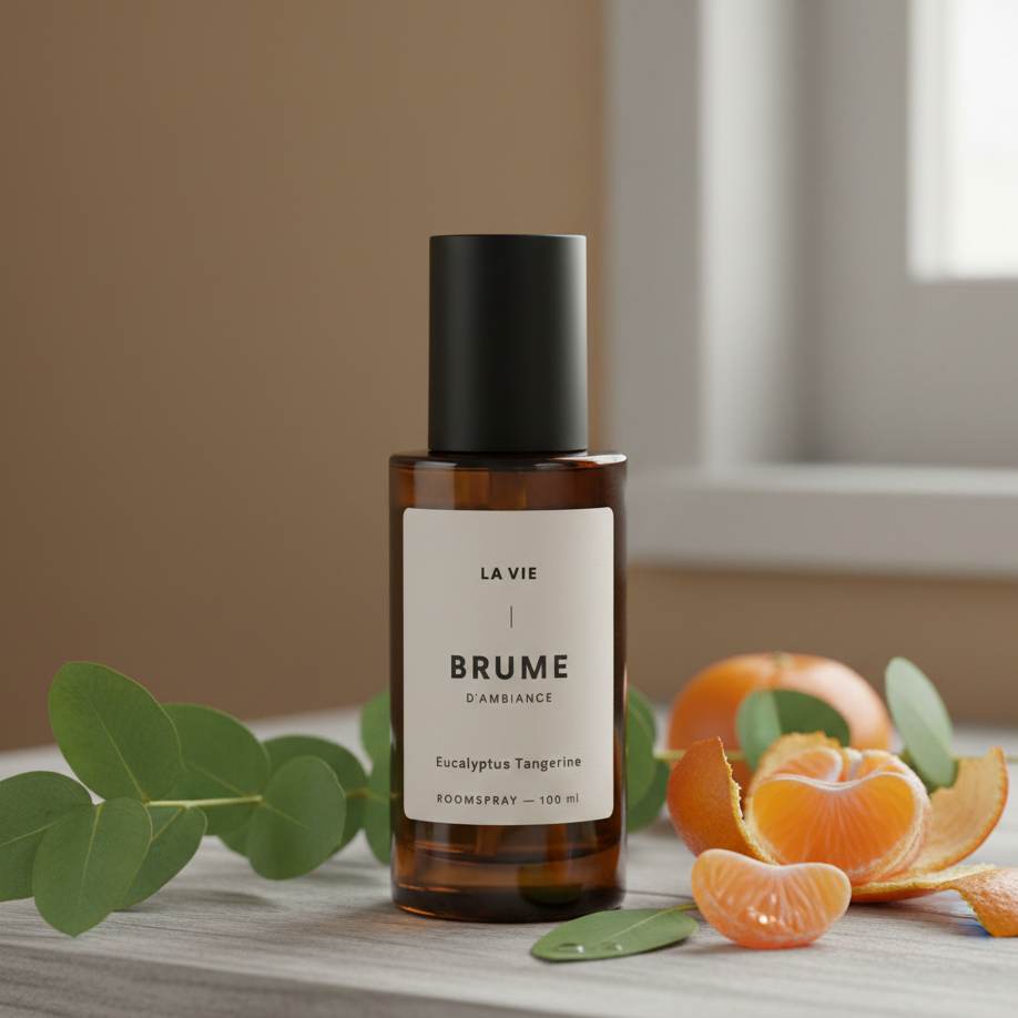 Brown bottle labeled 'La Vie Brume' with orange slices and leaves on a wooden surface.