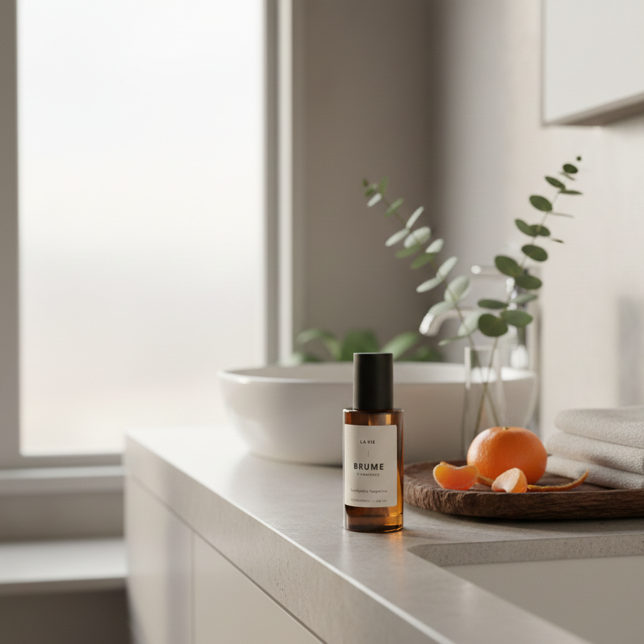 Bottle of Brume on a bathroom counter with a bowl, oranges, and towels in the background.