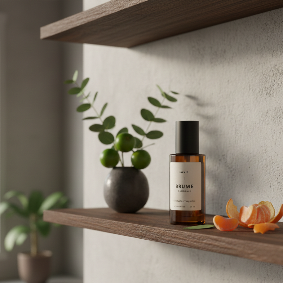 Brume bottle on a wooden shelf with a plant and orange peel in a minimalistic setting