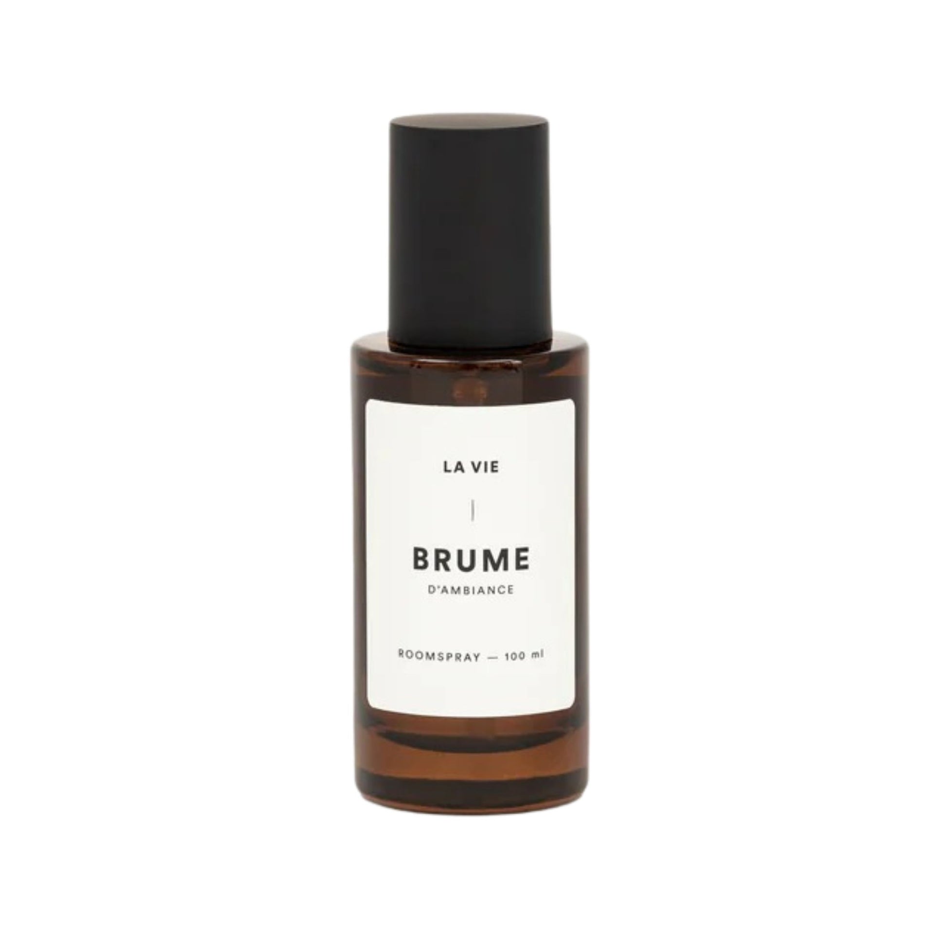 Perfume bottle labeled 'BRUME' with a white label on a white background