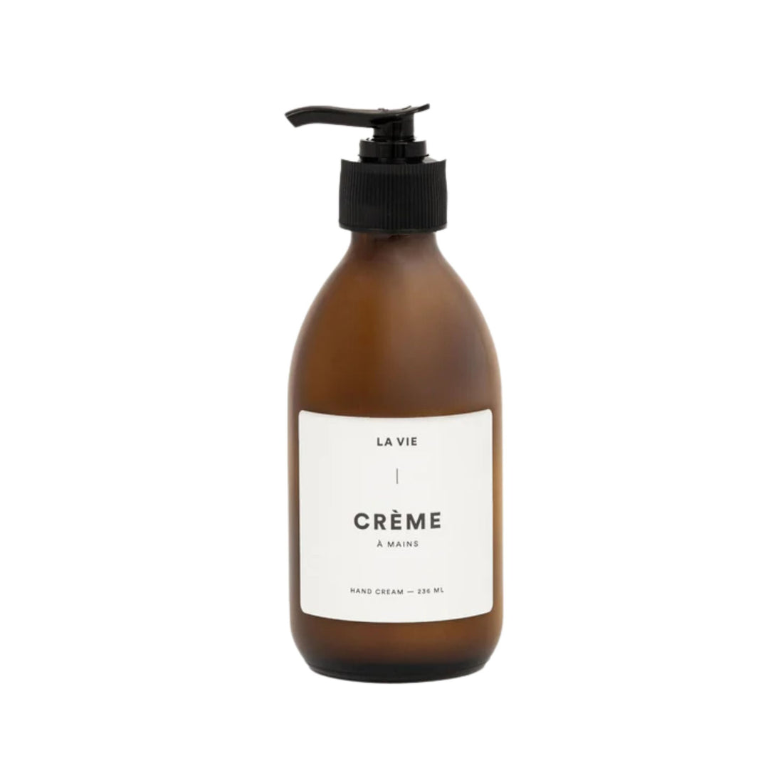 Brown bottle of 'La Vie' crème with pump on a white background