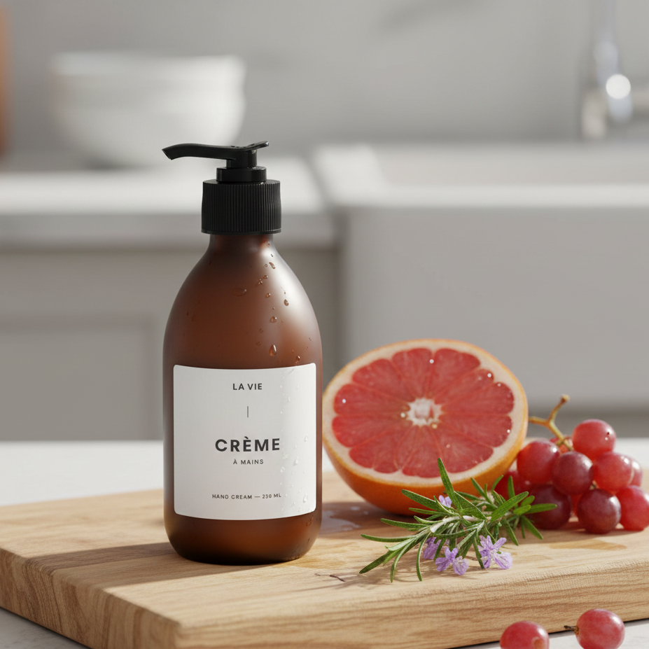 Brown bottle labeled 'La Vie Crème' on a wooden cutting board with fruits and herbs.