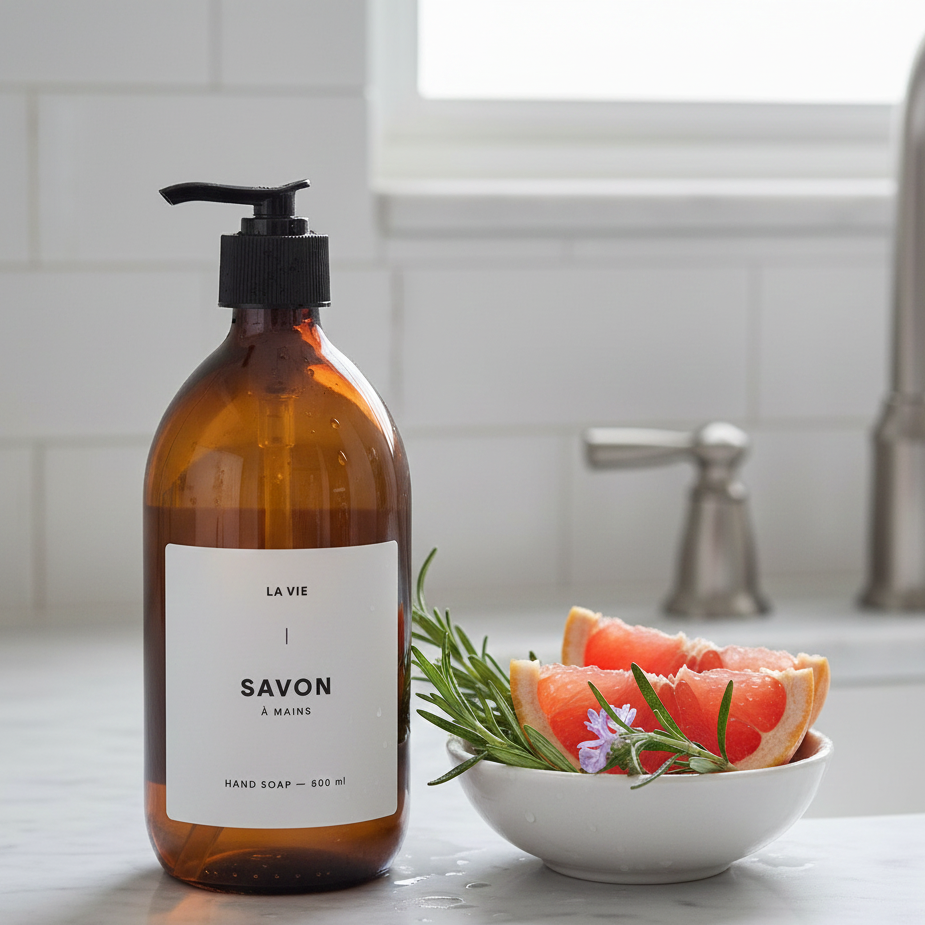 Brown soap bottle labeled 'La Vie' on a kitchen counter with a bowl of fruit and rosemary.