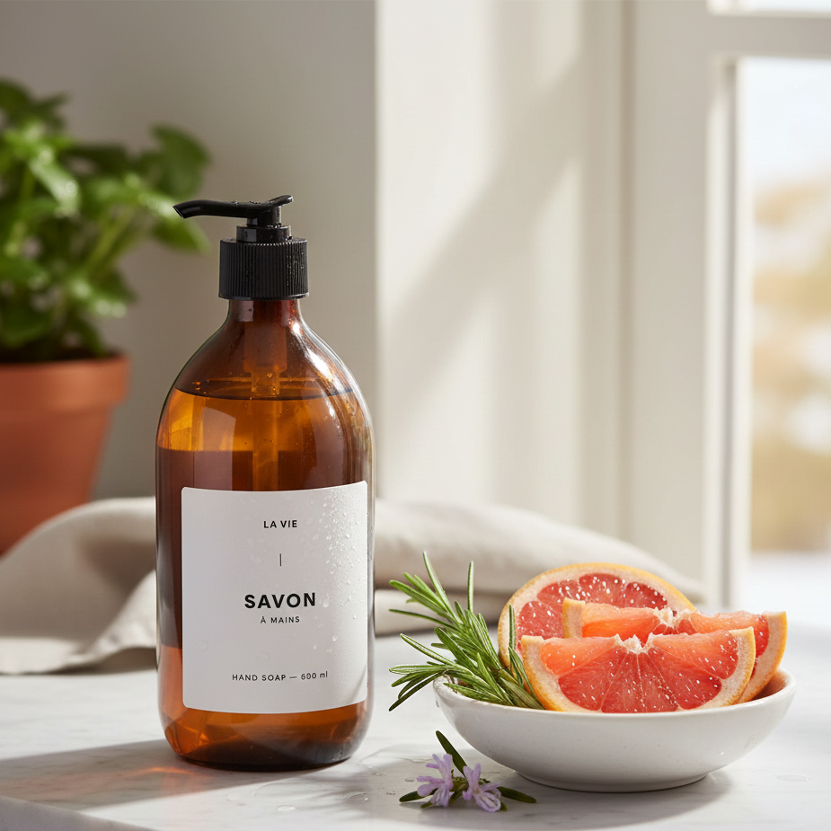 Brown soap bottle with a label on a marble surface with a bowl of grapefruit and rosemary.