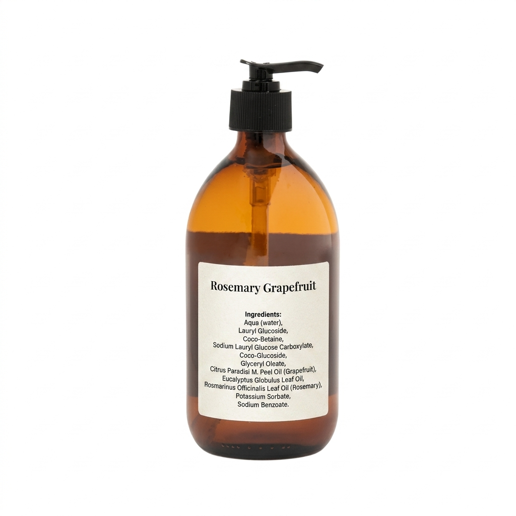Amber glass hand soap bottle with pump and 'La Vie' label on a white background