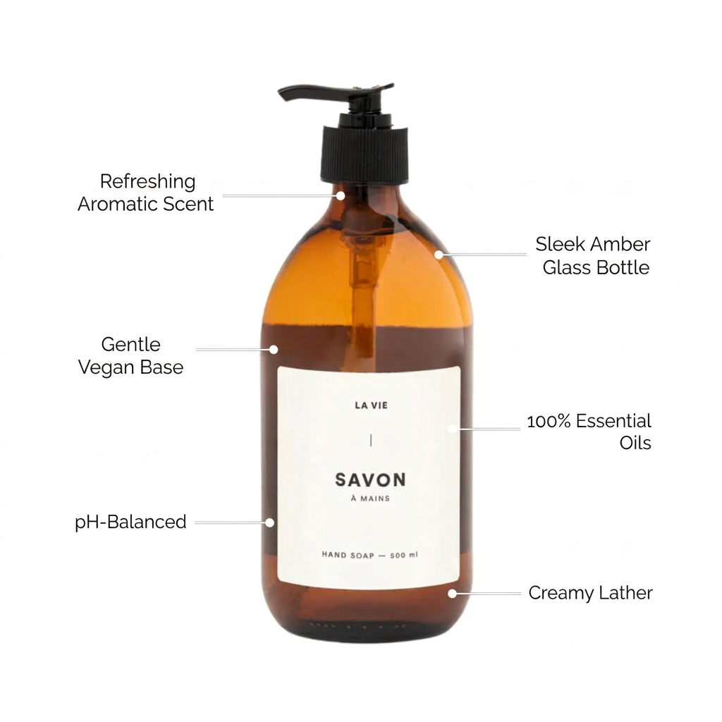 Amber glass hand soap bottle with pump and 'La Vie' label on a white background