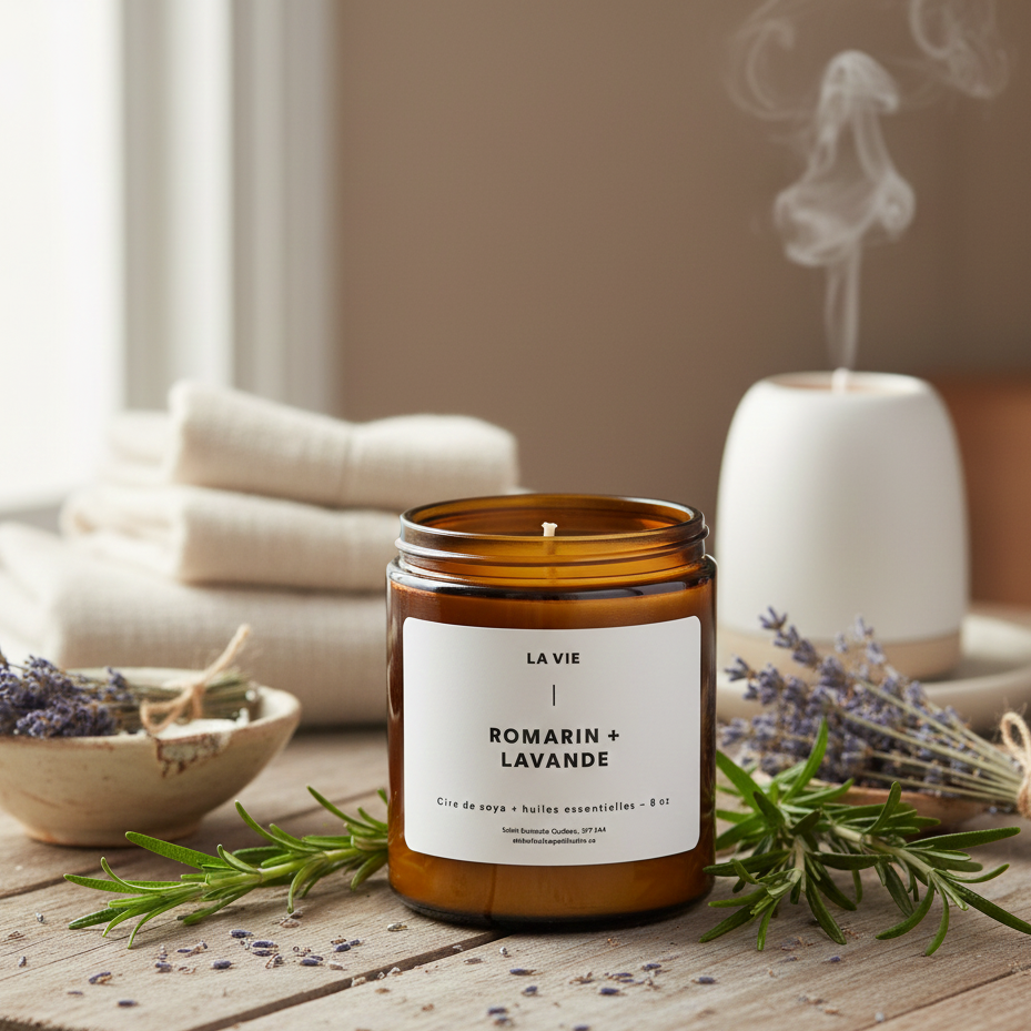 Atelier La Vie Apothicaire – Rosemary Lavender Candle in a cozy spa.