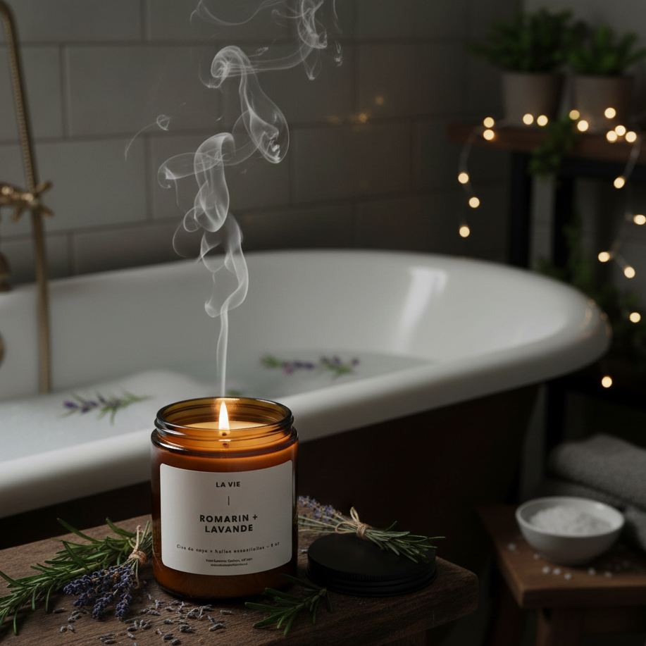 Atelier La Vie Apothicaire Rosemary Lavender Candle in a bathroom.