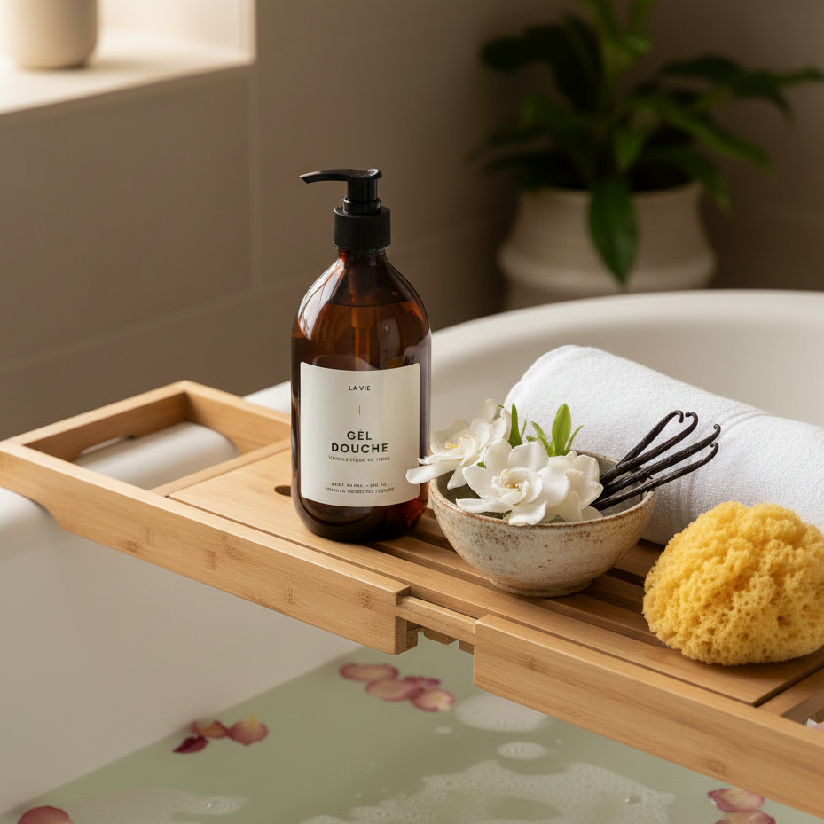 Bathroom setting with a bathtub, wooden tray, and bath products.