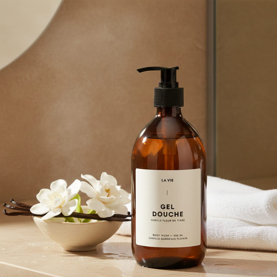 Brown bottle of 'La Vie' shower gel on a bathroom counter with flowers and towel in the background