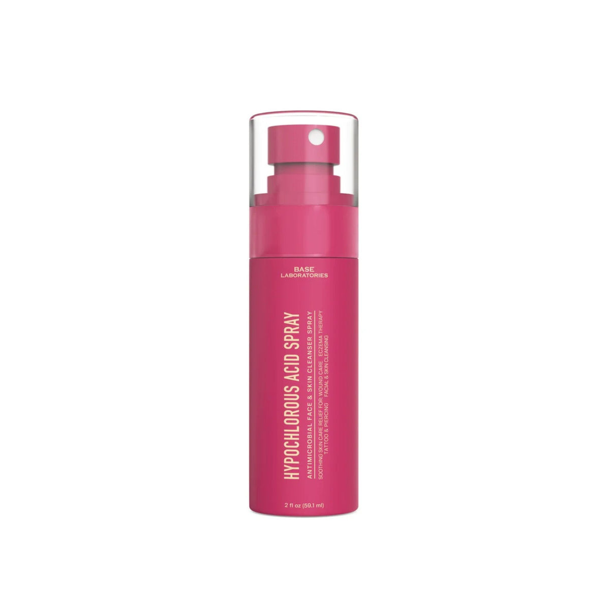 A pink spray bottle of Hypochlorous Acid Spray on a plain white background.