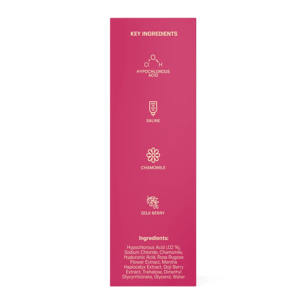 A tall, narrow pink product box or packaging panel with white text and simple icons listing key ingredients, including hyperchlorous acid, saline, chamomile, and sour berry, on a plain white background.