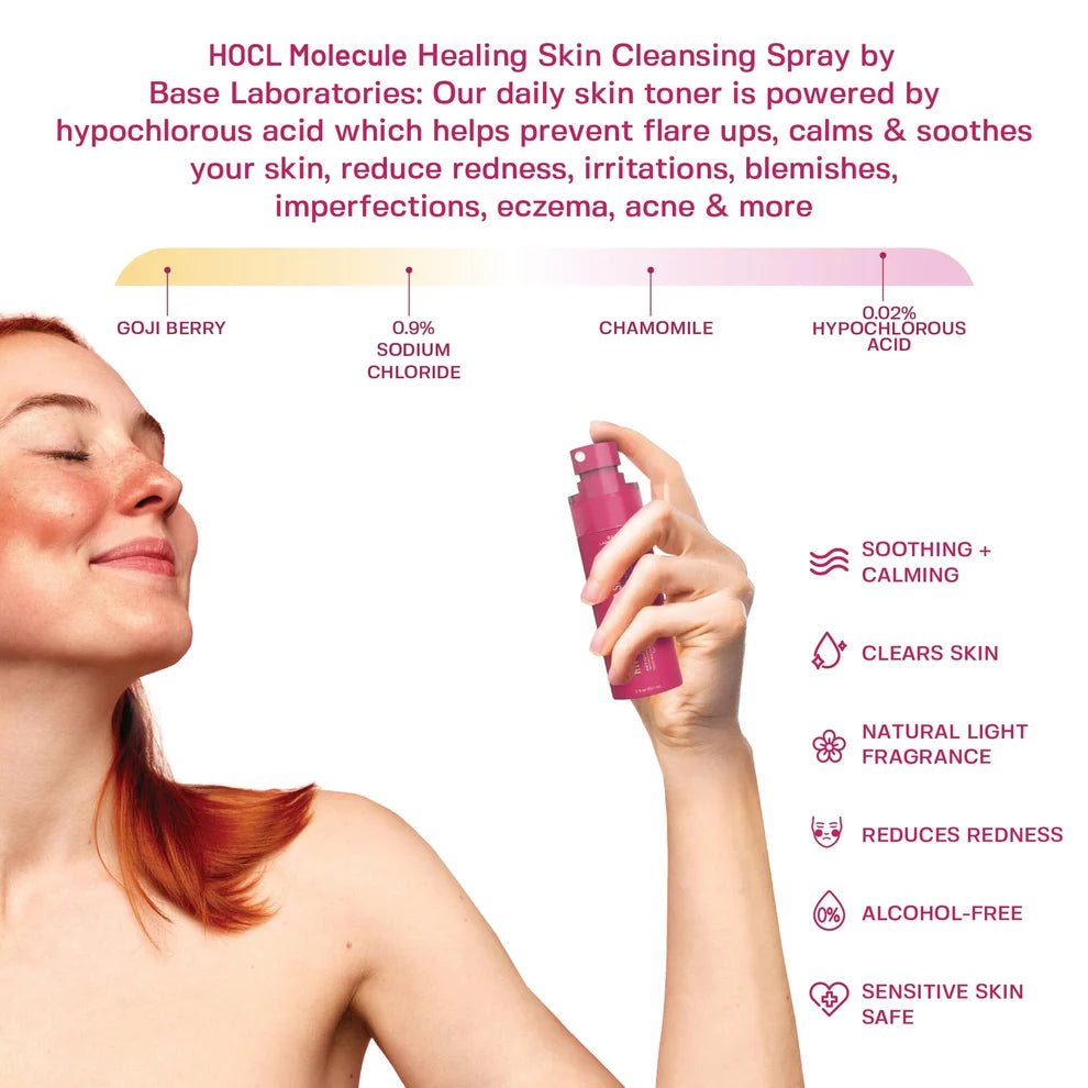 Person using a skin cleansing spray with product details on a white background