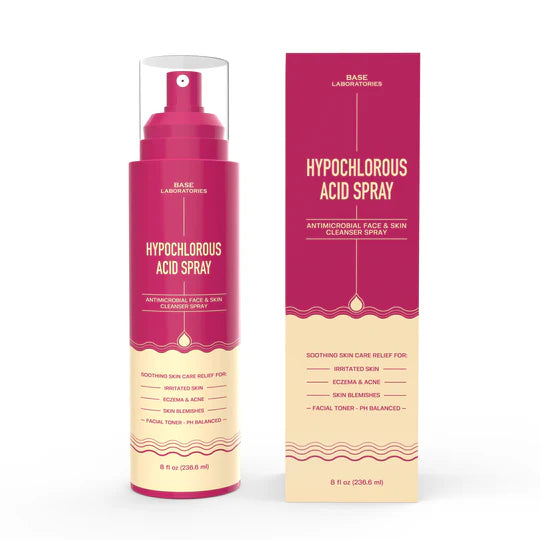 Hypochlorous acid spray bottle and packaging on a white background