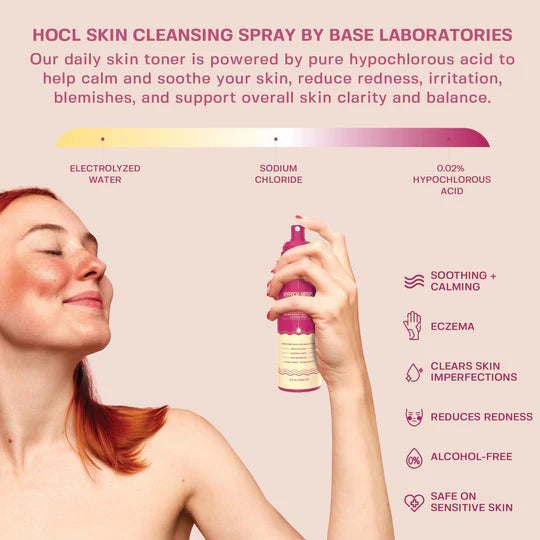 HOCL Skin Cleansing Spray by Base Laboratories with a woman using the product on a pink background.