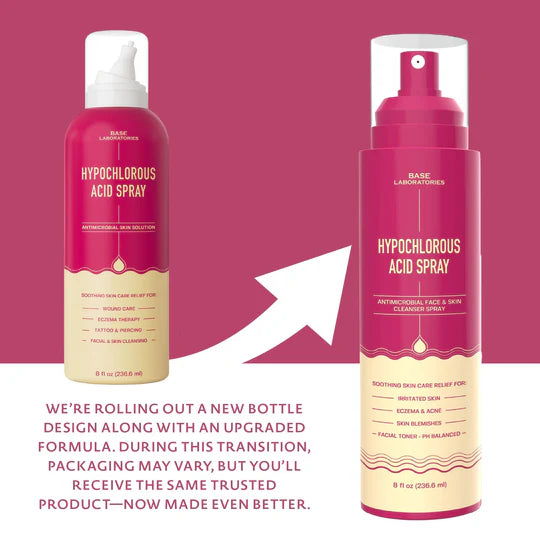 Two bottles of Hypochlorous Acid Spray with a pink background and text about new packaging design.
