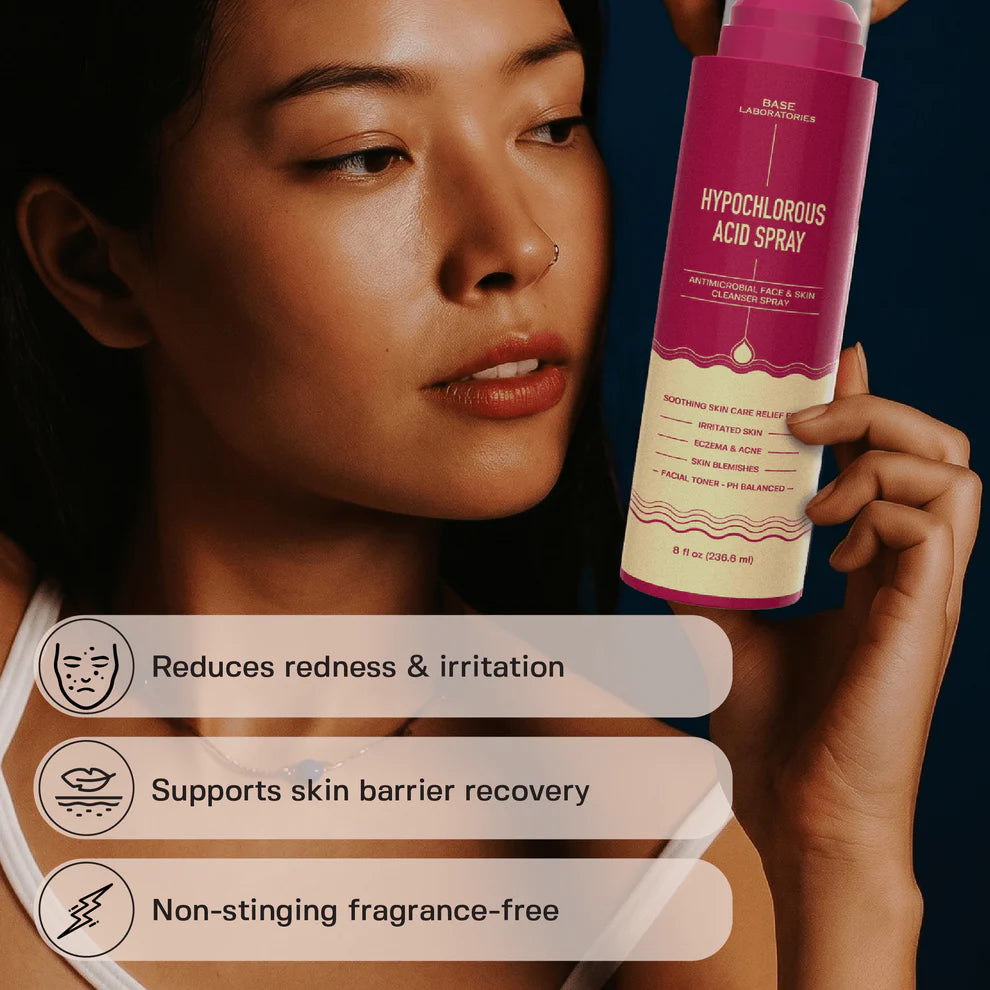 Person holding a bottle of Nasse Laboratories Hypochlorous Acid Spray with product details on a dark background