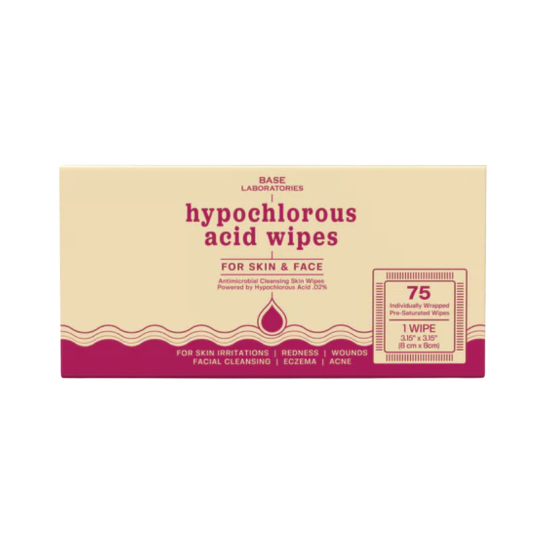 Base Laboratories Hypochlorous Acid Wipes – antimicrobial cleansing wipes for skin and face that reduce redness, irritation, and acne while promoting healing.