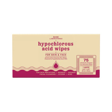 Base Laboratories Hypochlorous Acid Wipes – antimicrobial cleansing wipes for skin and face that reduce redness, irritation, and acne while promoting healing.