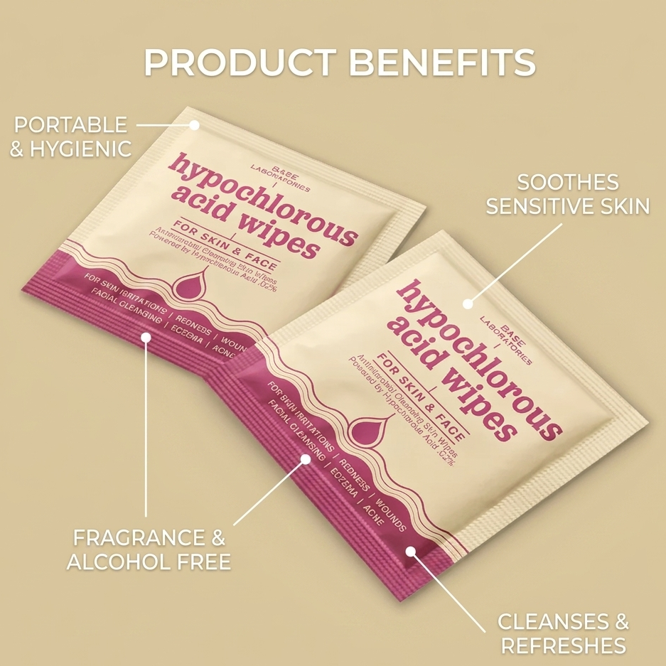 Base Laboratories Hypochlorous Acid Wipes – antimicrobial cleansing wipes for skin and face that reduce redness, irritation, and acne while promoting healing.