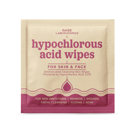 Package of hypochlorous acid wipes for skin and face on a white background