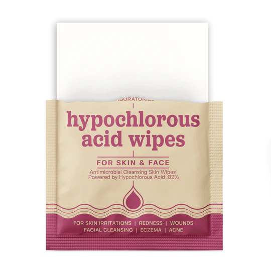 Pack of hypochlorous acid wipes for skin and face on a white background