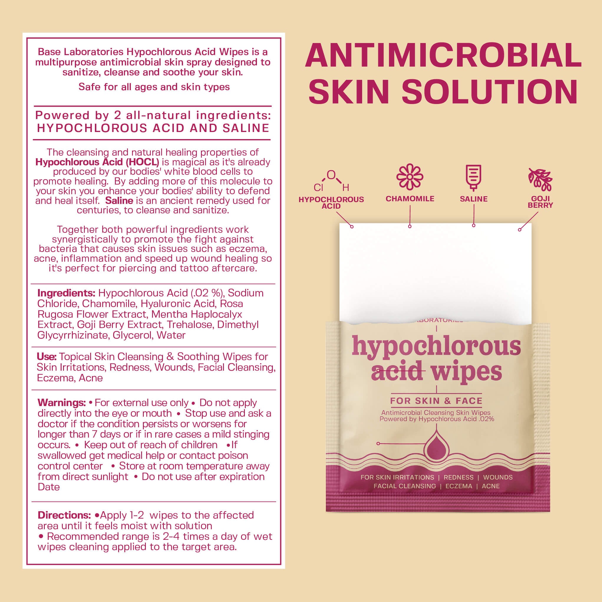 Hypochlorous acid wipes packaging with text on a beige background