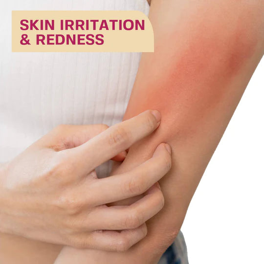 Person touching red, irritated skin on arm with text 'SKIN IRRITATION & REDNESS' above.