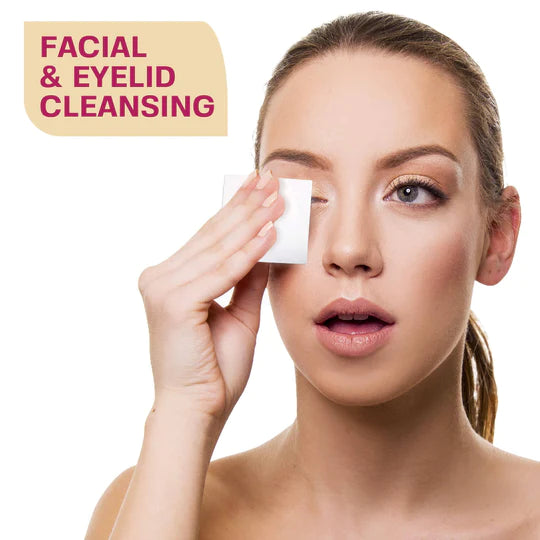 Woman cleansing her face with a cotton pad, with text 'Facial & Eyelid Cleansing' on a beige background.