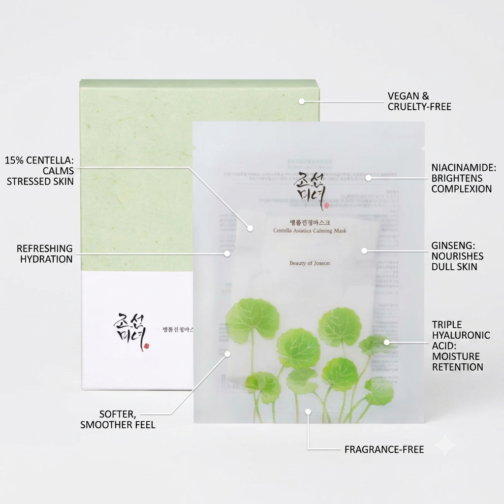 A sheet mask package shown with callout labels explaining benefits such as vegan and cruelty-free, 15% centella, niacinamide, ginseng, and triple hyaluronic acid. The package is frosted white with green leaf illustrations and Korean text, placed in front of a pale green box on a light gray background.