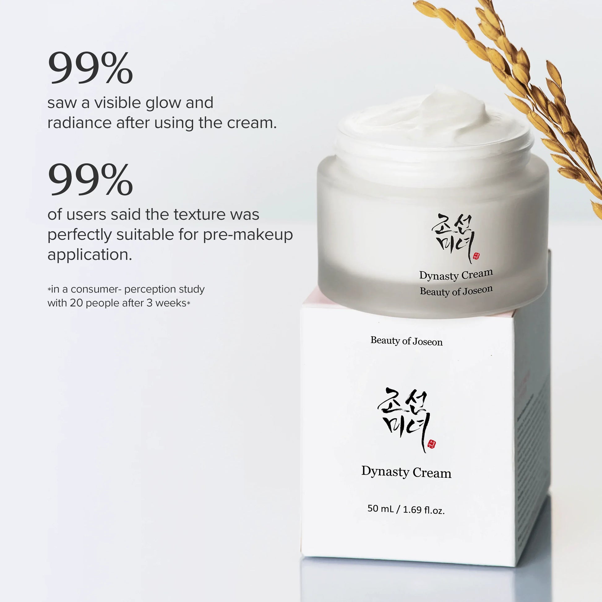 Dynasty Cream packaging with text highlighting user feedback on glow and texture.