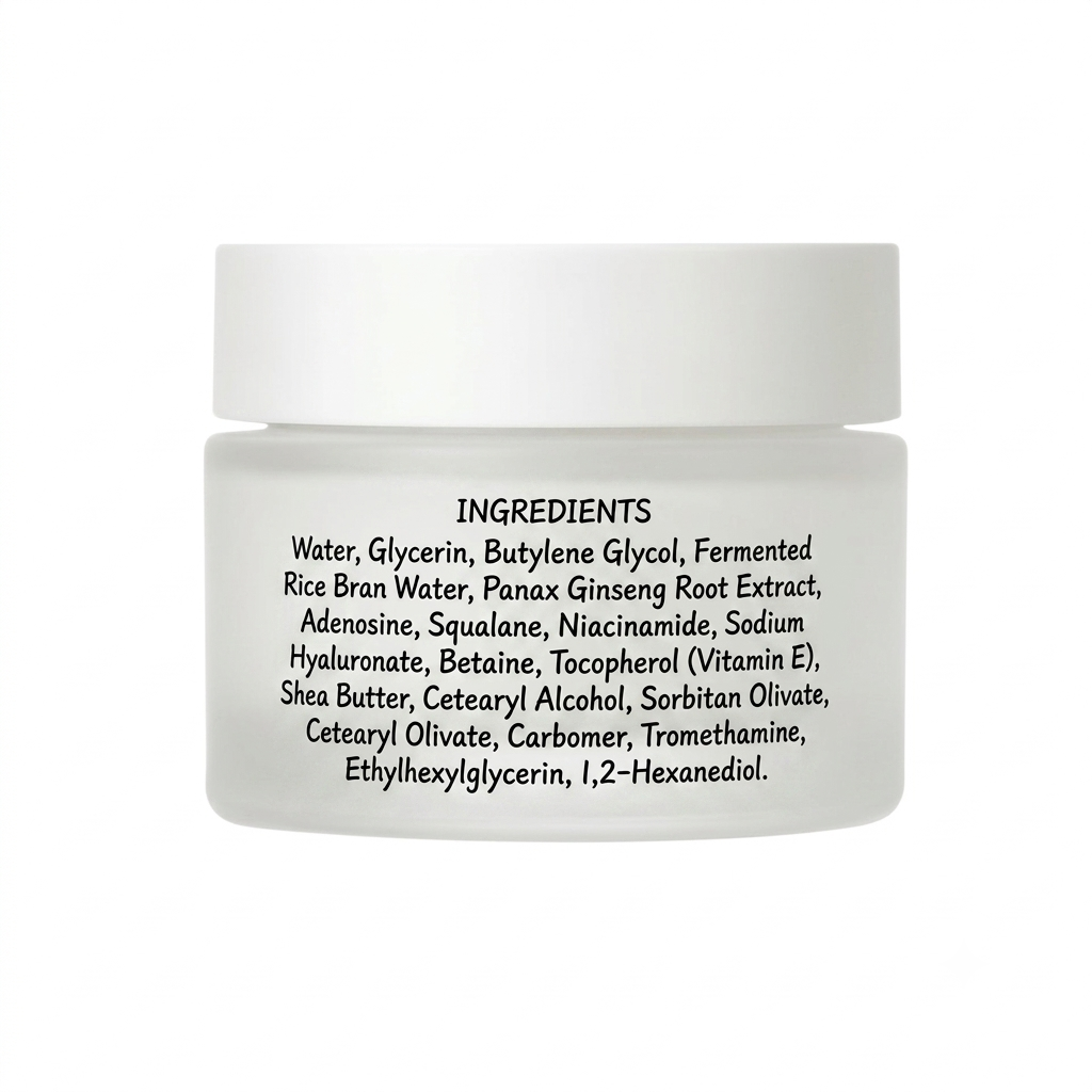 White jar with black text on a white background