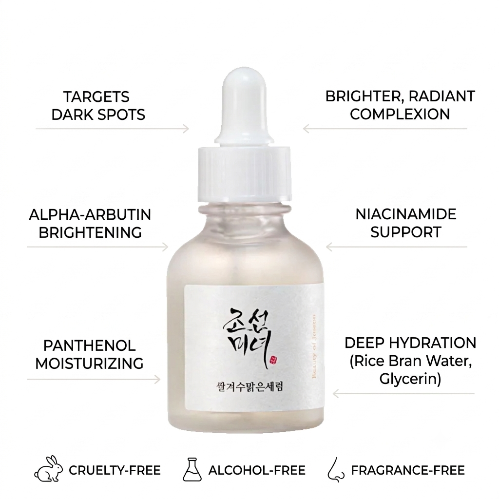 A clear glass dropper bottle with a white cap and label, centered on a white background with surrounding text callouts describing skincare benefits. The bottle appears to be the product being sold, while the text functions as informational overlay rather than a separate instruction or measurement chart.