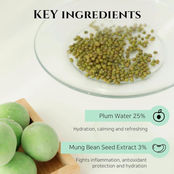 Key ingredients of a skincare product with mung beans and plum water on a white background