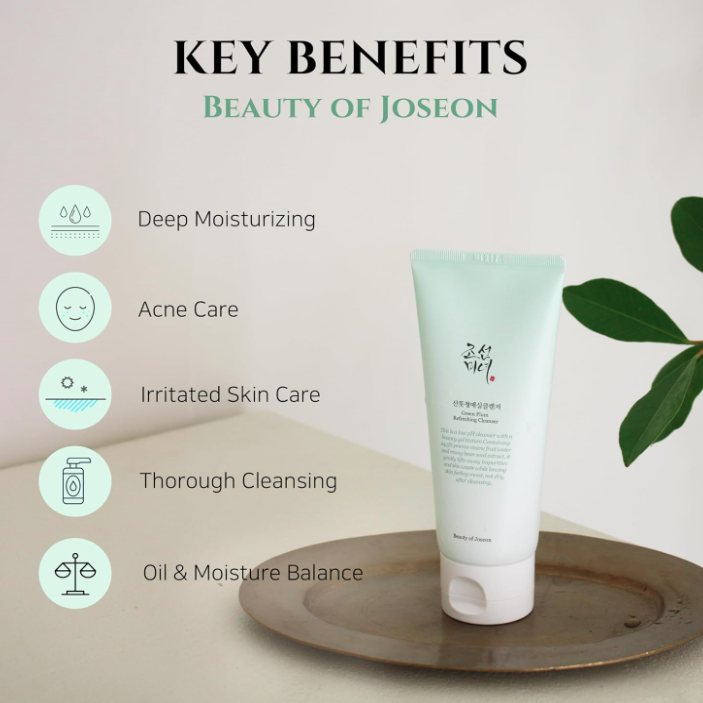 Skincare product with 'Beauty of Joseon' branding and key benefits listed on a light background.