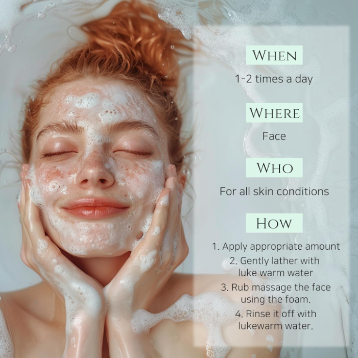 Woman applying a facial mask with text on how to use it