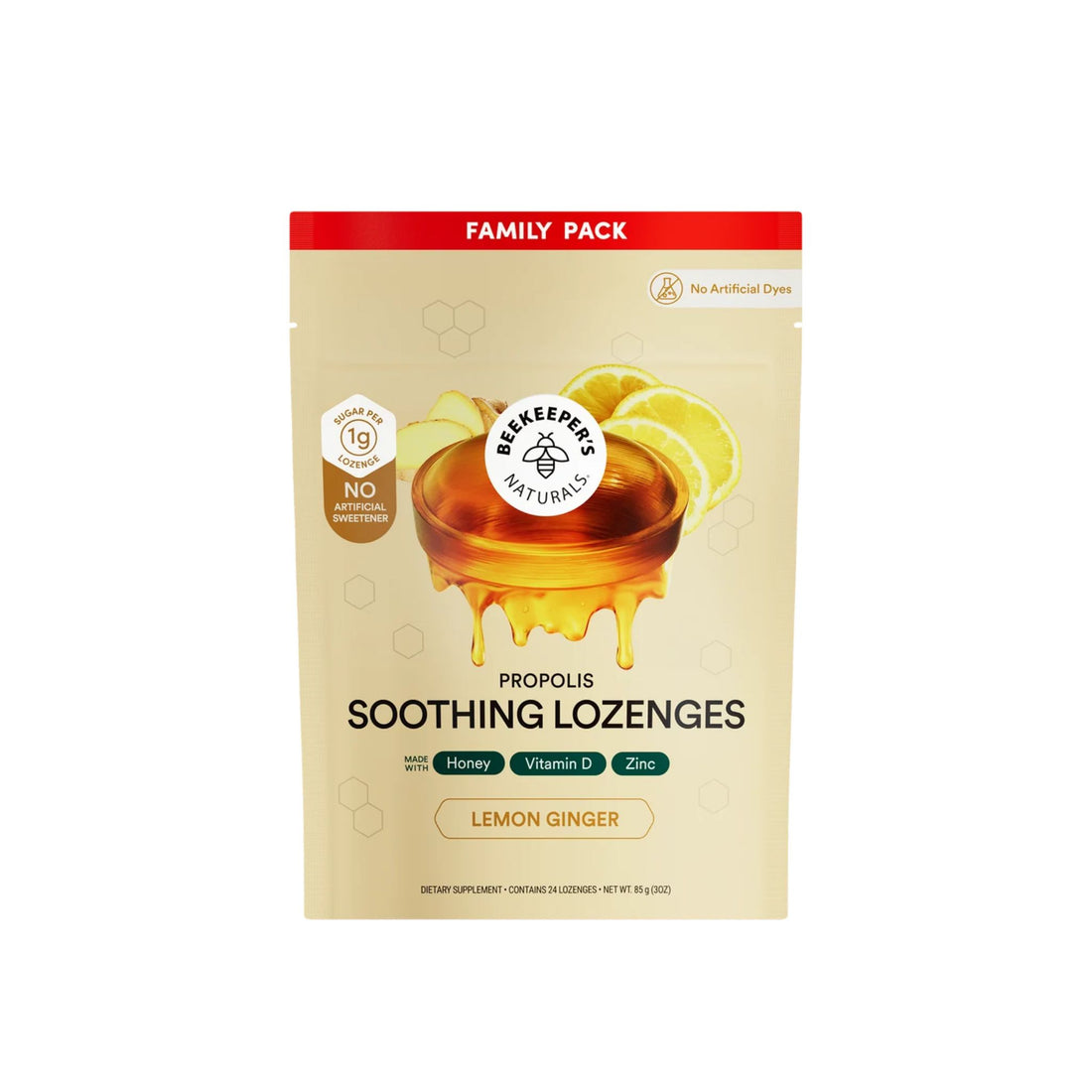 A package of Berkeepin Naturals Propolis Soothing Lozenge in Lemon Ginger flavor, presented as a family pack in a beige stand-up pouch with a red top banner and a graphic of honey dripping from a glass with lemon slices.