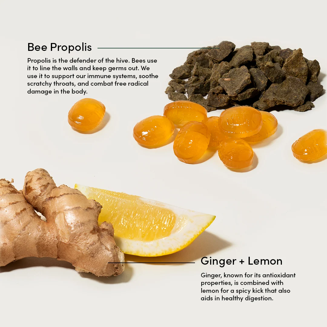 Bee propolis, ginger, and lemon on a white background with text describing their uses.