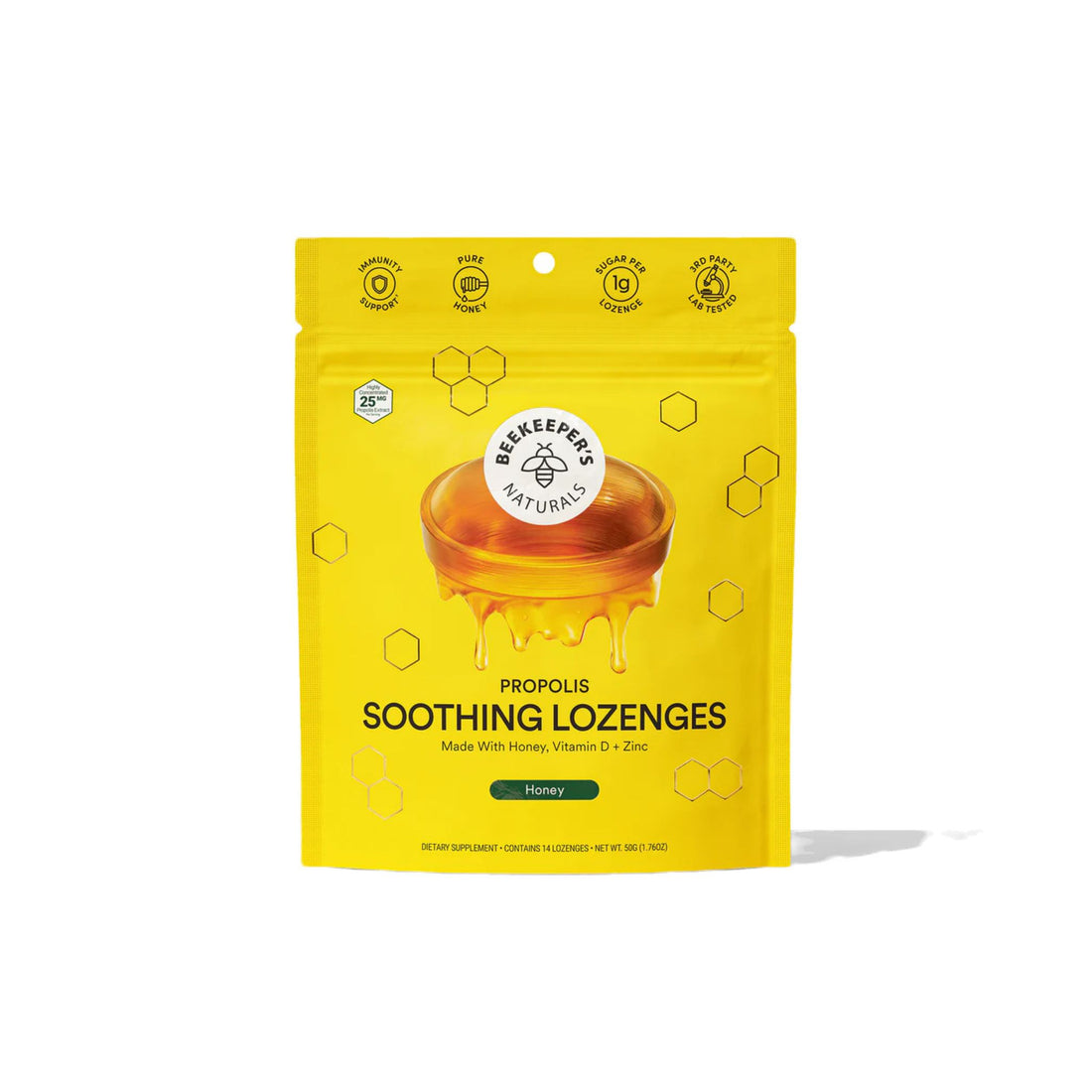 A yellow stand-up pouch of Beekeepers Naturals Propolis Soothing Lozenges, featuring a honey dip graphic and honeycomb patterns on a white background.