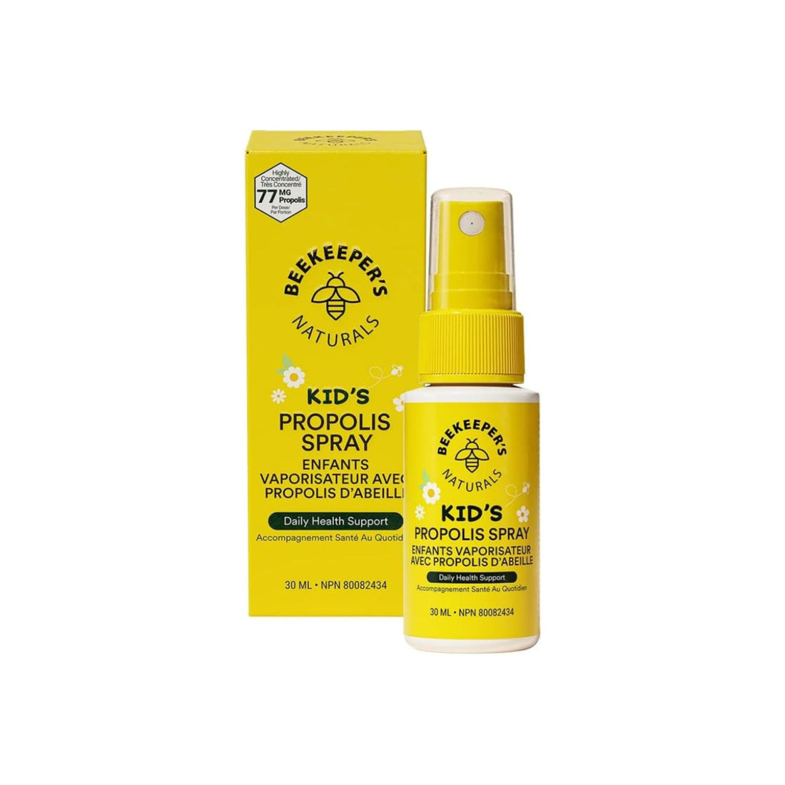Yellow spray bottle labeled 'Beekeeper's Naturals Kid's Propolis Spray' on a white background