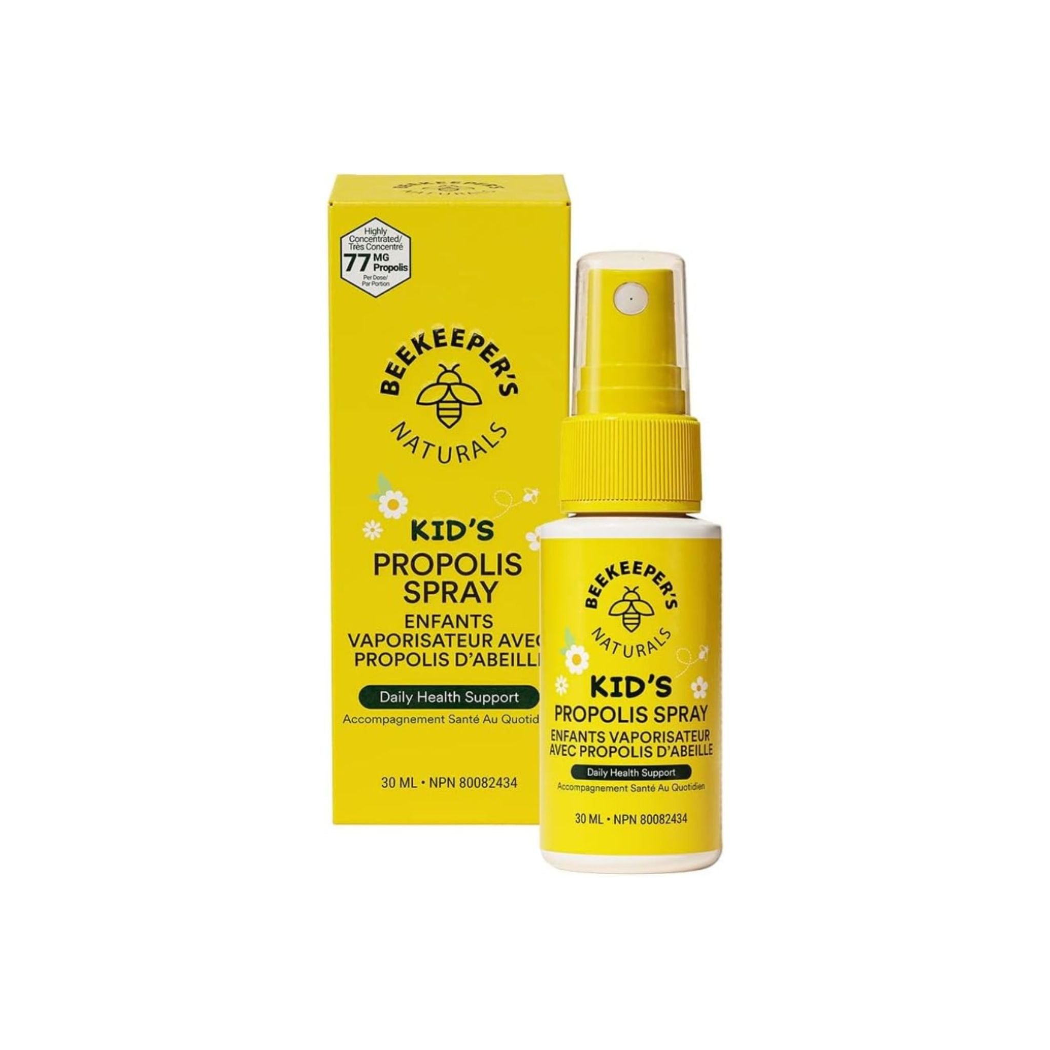 Beekeepers Naturals Kid's Propolis Spray bottle and matching yellow packaging box, shown on a clean white background.
