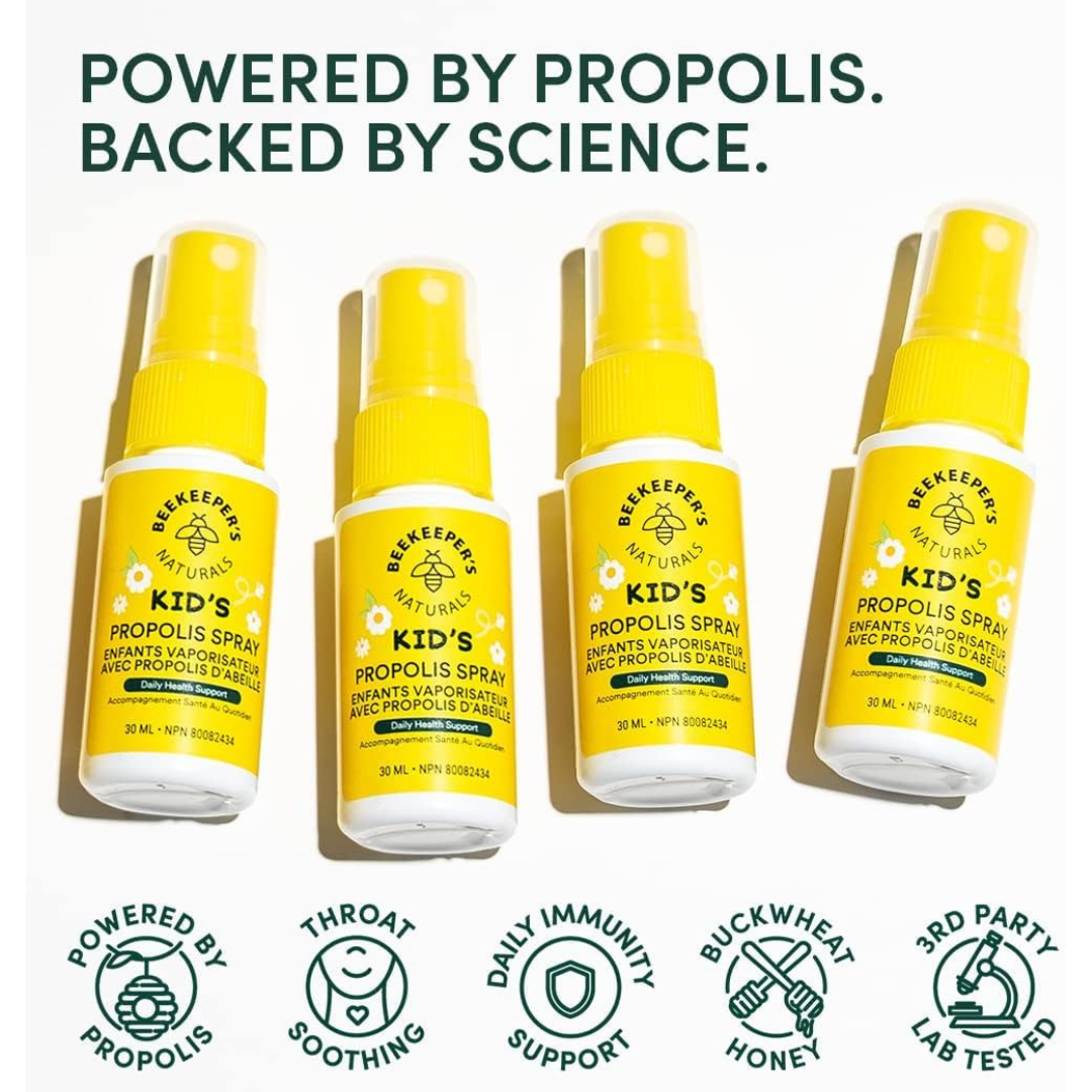 Four yellow bottles of Beekeeper's Naturals Kids' Propolis Spray on a white background with text about propolis and science.