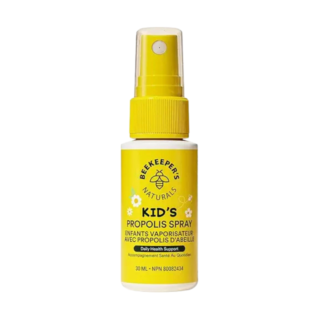 Yellow spray bottle labeled 'Beekeeper's Naturals Kid's Propolis Spray' on a white background