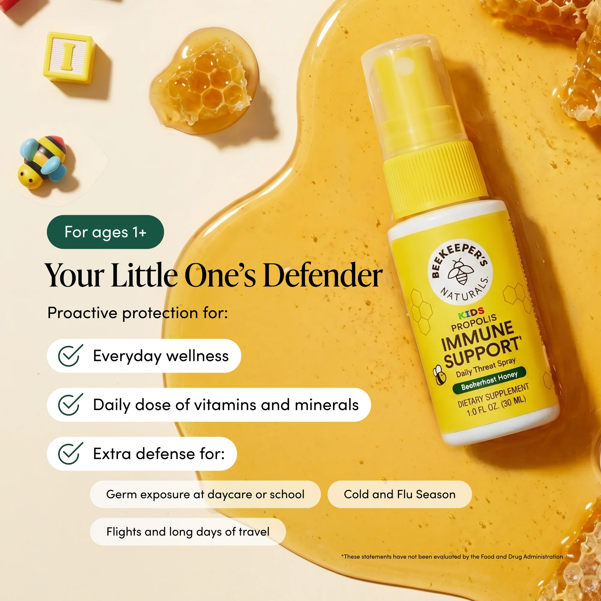 Beekeeper's Naturals Kids Propolis Immune Support spray bottle on a honey background with product features listed.