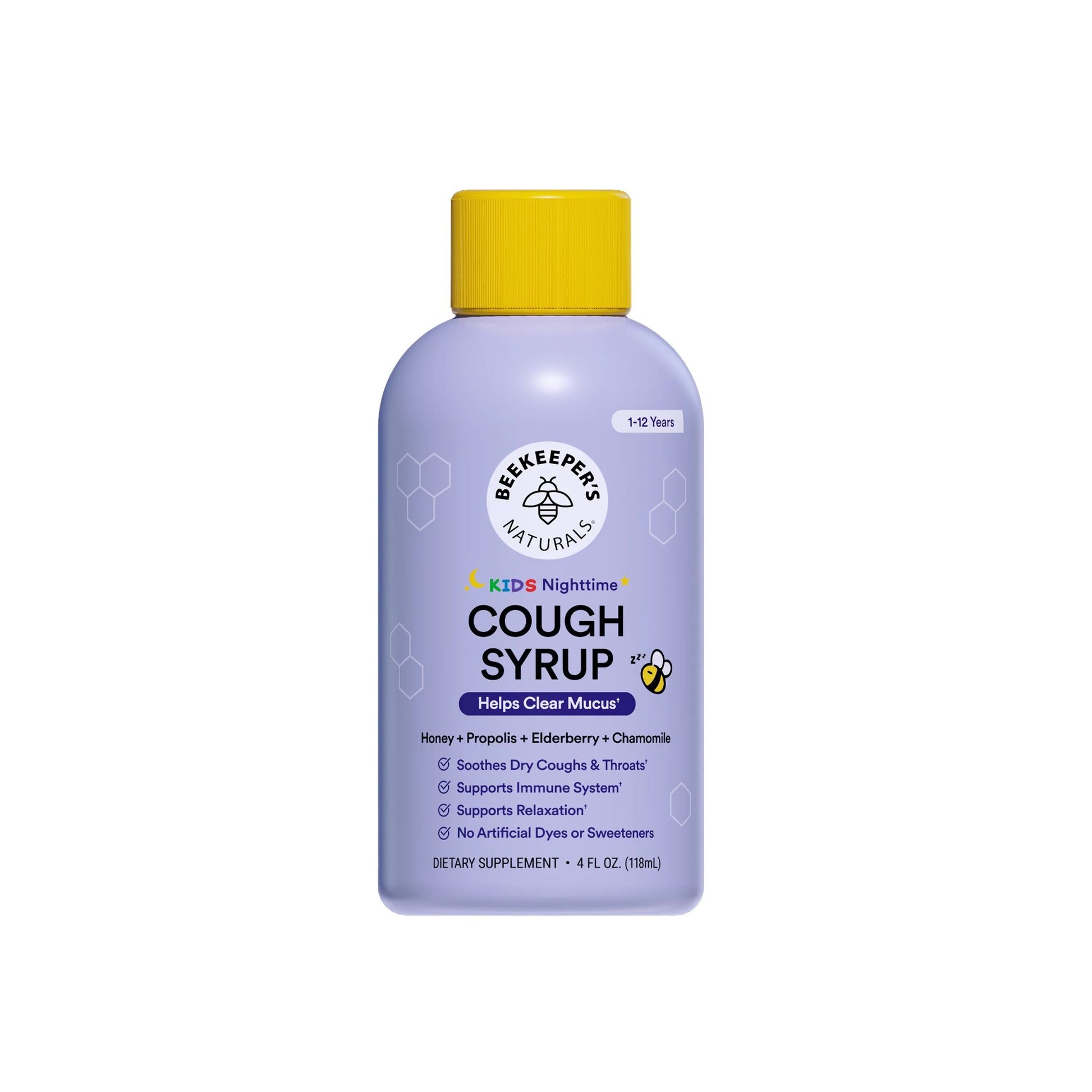 A bottle of Speckle Naturals Kids Nighttime Cough Syrup with a light purple body, yellow cap, and white label, shown on a plain white background.