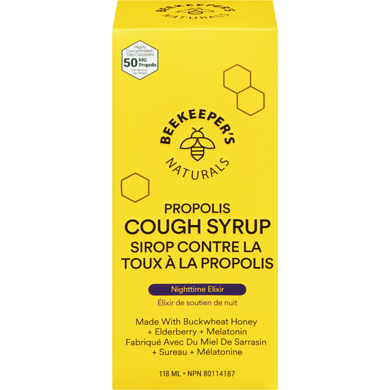 A bottle of Speckle Naturals Kids Nighttime Cough Syrup with a light purple body, yellow cap, and white label, shown on a plain white background.