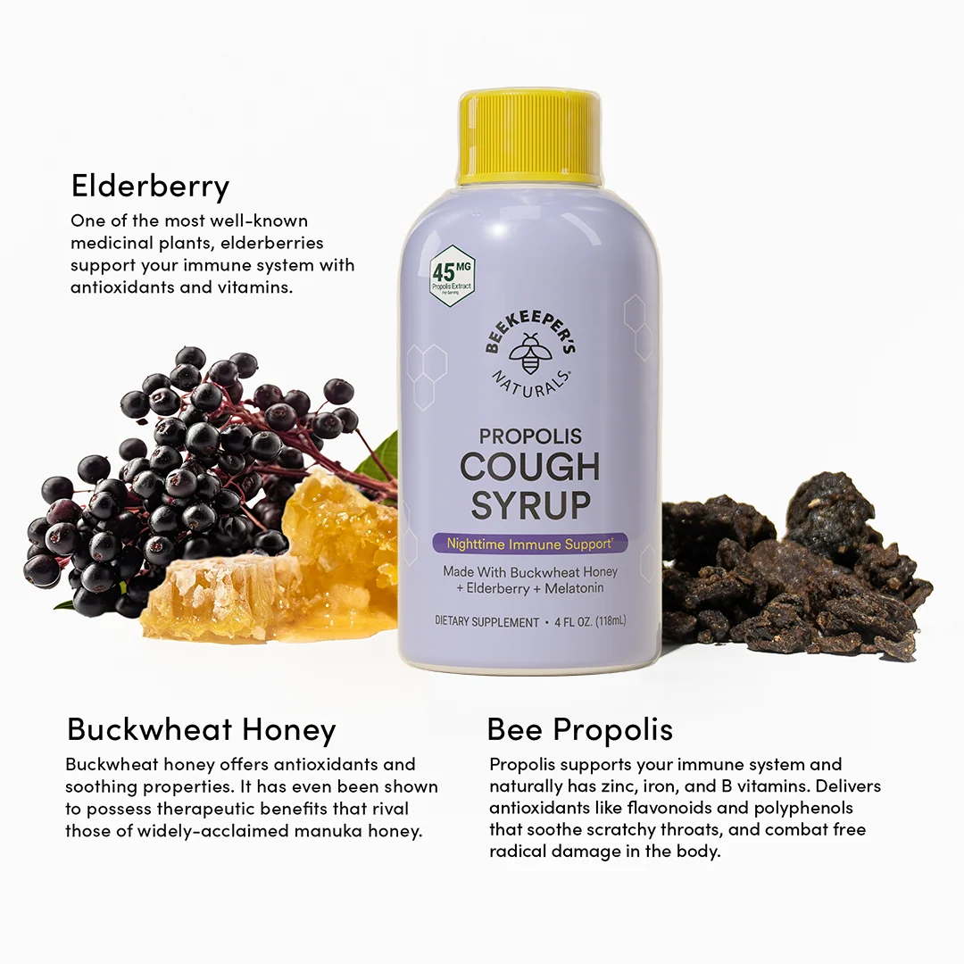 Bottle of propolis cough syrup with ingredients like elderberries, buckwheat honey, and bee propolis on a white background.