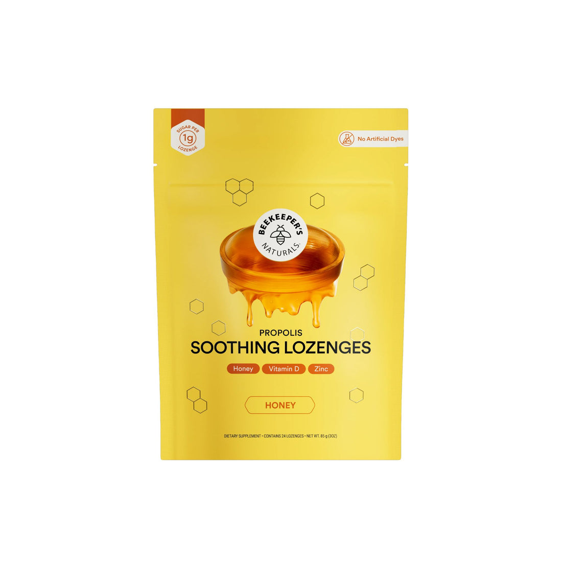 A yellow stand-up pouch of Dheespari Natural Propolis Soothing Lozenge Honey flavor, featuring a honey jar graphic and product details on a white background.