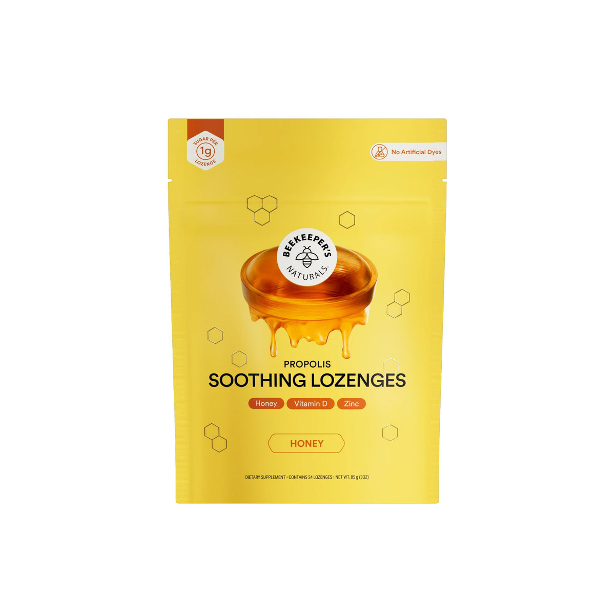 A yellow stand-up pouch of Dheespari Natural Propolis Soothing Lozenge Honey flavor, featuring a honey jar graphic and product details on a white background.