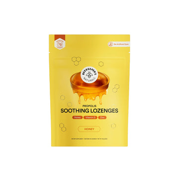 A yellow stand-up pouch of Dheespari Natural Propolis Soothing Lozenge Honey flavor, featuring a honey jar graphic and product details on a white background.